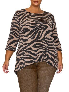 COIN1804 Zebra Texture Top Women’s 1X 3/4 Sleeve Button Back Animal Print